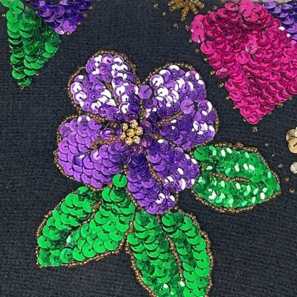 Vtg 80s Women's Medium In Charge Black Floral Sequin Sweater Lambswool Angora - Picture 5 of 11